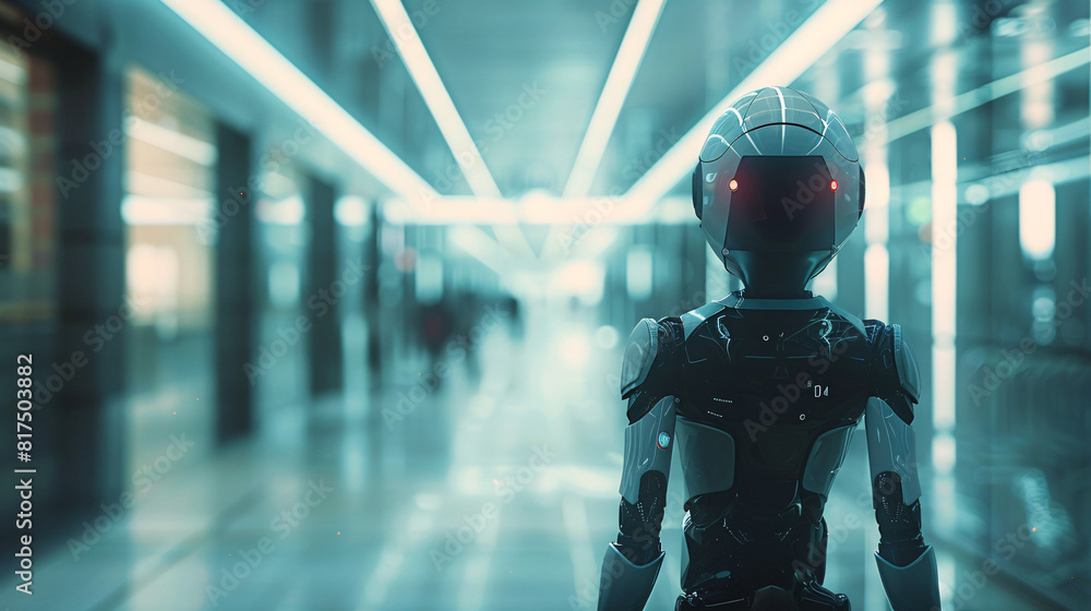 Poster against a minimalist color background, a blurred image portrays a business robot ai meeting in progr