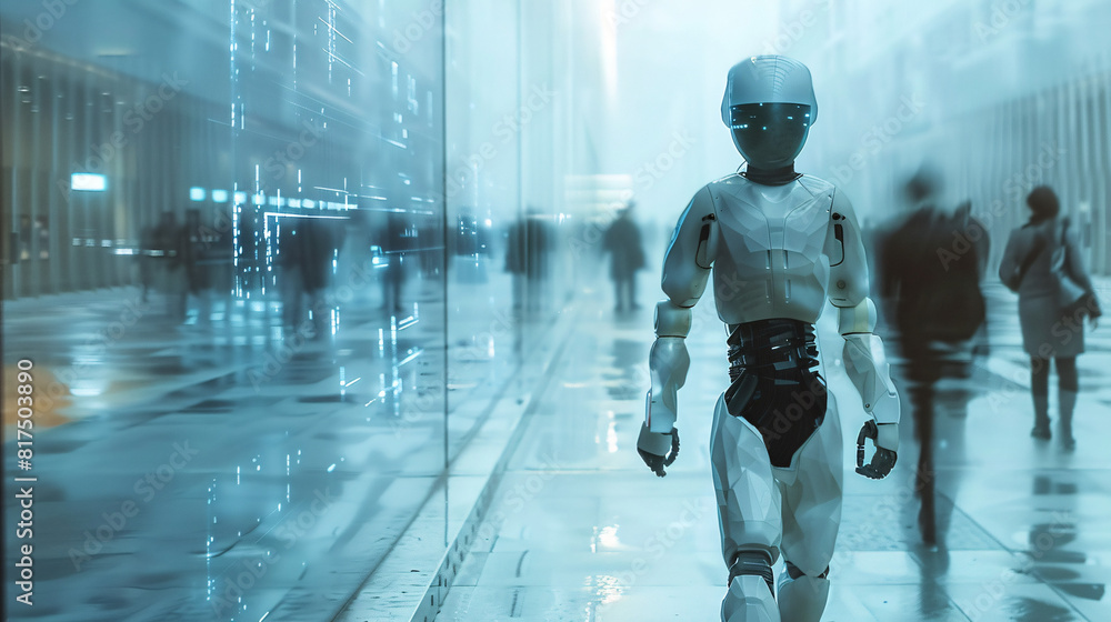 Poster against a minimalist color background, a blurred image portrays a business robot ai meeting in progr