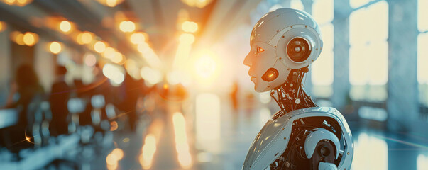 Against a backdrop of a minimalist color scheme, a blurred image portrays a business meeting conducted by robotic AI assistants in a modern office setting. This visually captivating scene conveys the