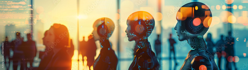 Poster against the backdrop of a minimalist color background, the blurred outlines of business robots conve