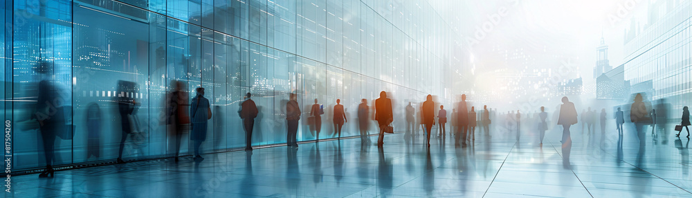 Poster amidst the sleek architecture of a modern office building, the blurred figures of ai robots gather f
