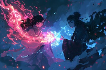 Abstract space background with splashes of light and a woman's hand reaching out for a futuristic vision
