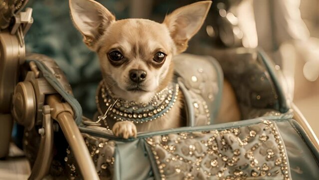A pampered chihuahua sits in a customized stroller adorned with luxurious fabrics and sparkling details being pushed by its loving owner.
