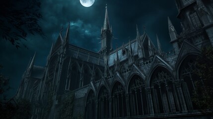 A gothic cathedral at night, seen from the outside, its spires and arches illuminated only by the moon, creating a dramatic and mysterious atmosphere. 32k, full ultra HD, high resolution