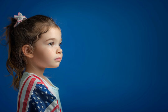 Side profile of a little girl with an American flag against a royal blue background.