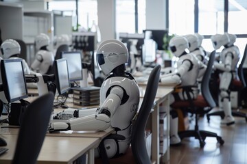 Fototapeta premium The image shows a group of robots working in an office