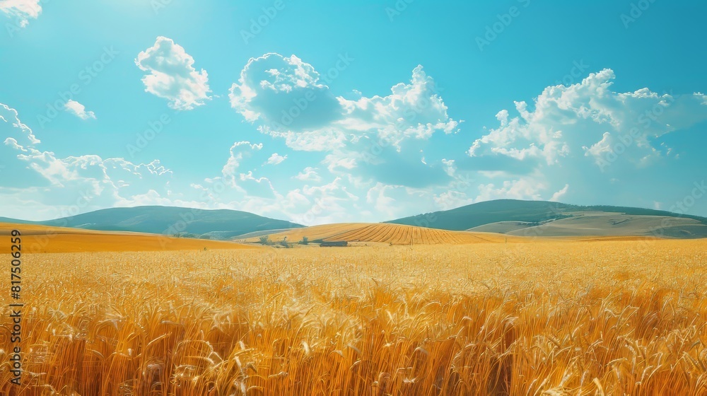 Poster expansive oat fields under a bright blue sky with rolling hills and rows of golden oats swaying in t