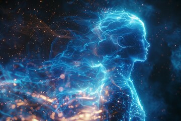 Silhouette of a woman with blue light emanating from her head, created with generative AI..