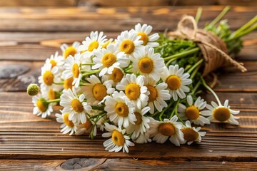 Fototapeta premium Beautiful chamomile flowers on wooden background