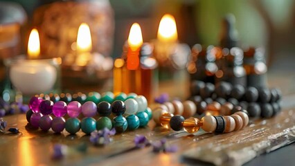 Aromatherapy diffuser bracelets are laid out on a table each one infused with a different essential oil for a personalized relaxation experience.