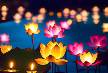 A photo of a pink and yellow lotus flower floating in a blue pool with colorful bokeh lights surrounding it