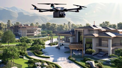 The AI-powered drone autonomously flies over a luxury villa filming in 4K.