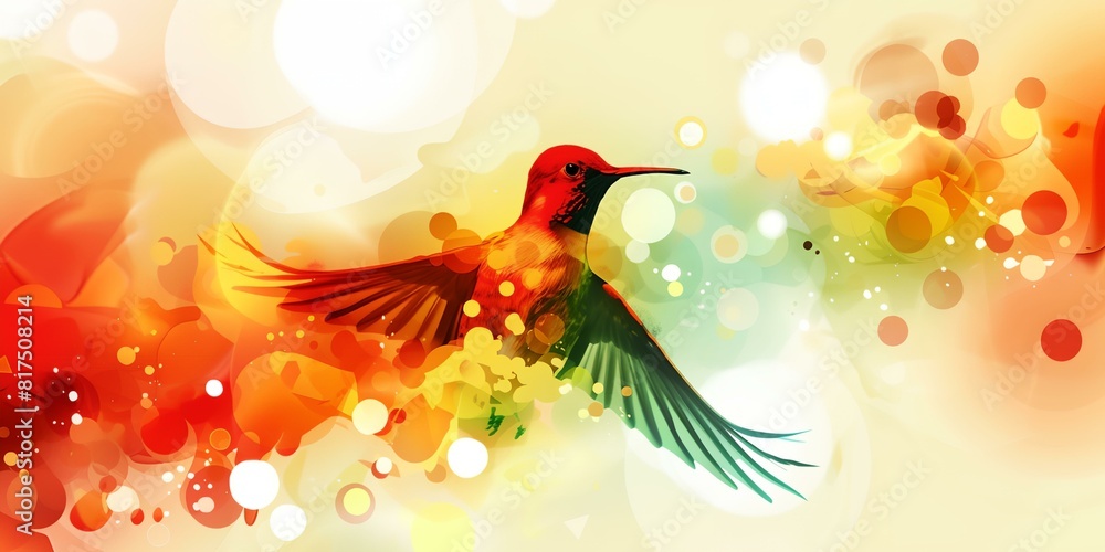 Poster a colorful bird flying over a colorful background with bubbles and circles