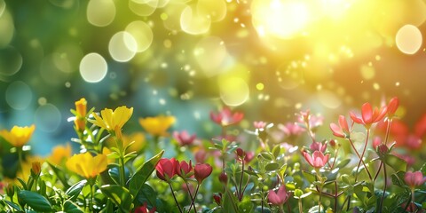 Obraz premium garden flowers with a bright sun in the background