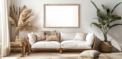 a living room with a couch and a plant in it and a picture frame on the wall above it.