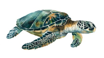 Detailed watercolor painting of a sea turtle swimming gracefully, set against a white background