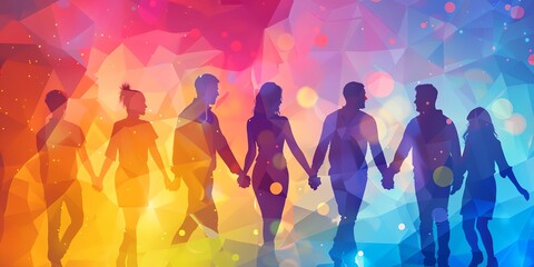 a group of people holding hands in front of a colorful background