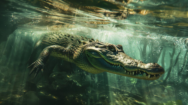 An alligator peers through the clear green waters of its swampy habitat, sunlight filtering through