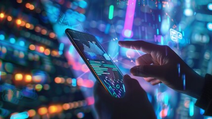 A person is using a cell phone to touch a screen with a blue background