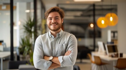 Fototapeta premium smiling young businessman in a casual outfit with his arms crossed standing at an office, happy posing for a photo on a modern interior design. generative AI