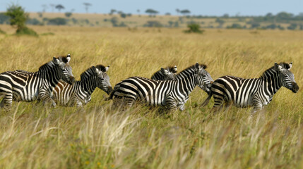 Obraz premium Multiple zebras photographed moving through tall grass in their natural environment