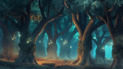 A magical forest scene, with trees that glow softly in the moonlight and mysterious creatures...