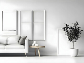 Fototapeta premium Frame mockup, ISO A paper size. Living room wall poster mockup. Interior mockup with house background. Modern interior design. 3D render