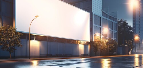 A minimalist billboard in the heart of a tech district, the pure white surface gleaming under the...
