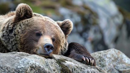 Obraz premium This image showcases the details of a bear's body as it rests on a rock, with the facial area purposely obscured to maintain focus on the overall scene