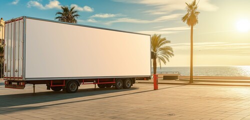 A mobile advertising trailer parked on a sunny beachside promenade, its large blank sides a stark canvas against the vibrant setting. 32k, full ultra HD, high resolution