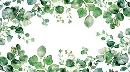 Decorative watercolor illustration featuring lush green leaves arranged in a border pattern on a white background, copy space