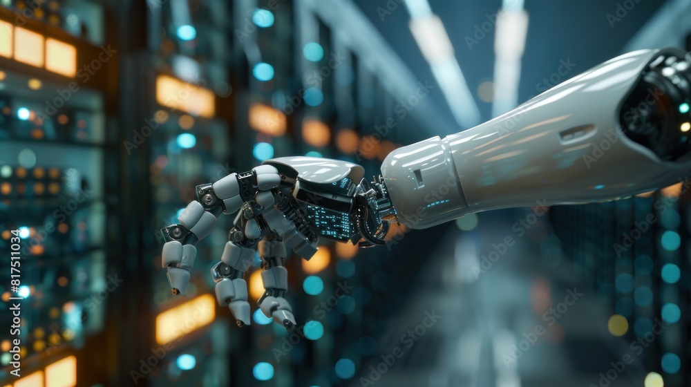 Poster futuristic robot hand analyzing information in server room of data center.