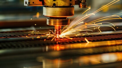 The CNC fiber laser cutting machine cutting the metal plate with the sparking light. The sheet metal working operation.