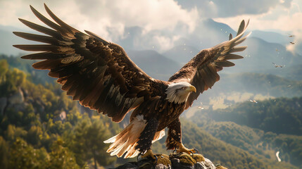 Fototapeta premium A bald eagle prepares to land on a rock in a blurred forest setting with soft sunlight behind
