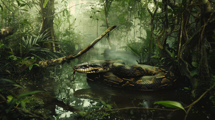 An ominous anaconda rests within the dark waters of a jungle swamp, with mist enhancing the mysterious ambiance