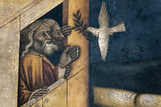 Noah in his ark with the dove and his olive branch. No&eacute; dans son arche avec la colombe et son rameau d'olivier. Italie