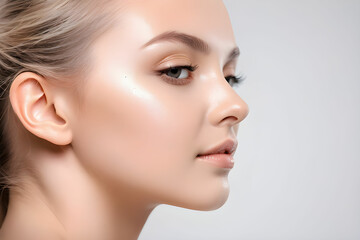 Obraz premium make up and skin care concept - side view of beautiful women with perfect skin isolated on white background