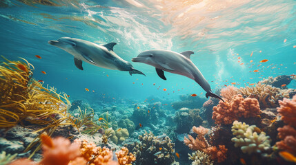 Fototapeta premium Vivid scene of two dolphins swimming near a vibrant coral reef teeming with marine life