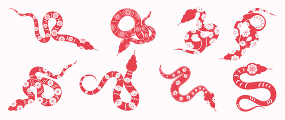 Chinese New Year snake design vector set. Element zodiac sign year of the snake with cherry blossom flower pattern on snake red color. Illustration design of background, card, sticker, calendar.