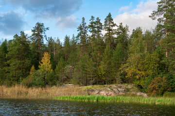 Lake Ladoga near the village Lumivaara on a sunny autumn day, Ladoga skerries, Lakhdenpokhya, Republic of Karelia, Russia