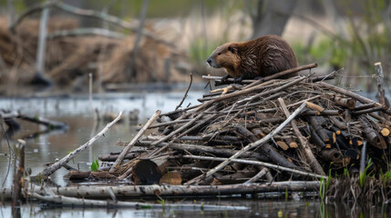 A beaver sits atop its wooden lodge in a tranquil water wetland