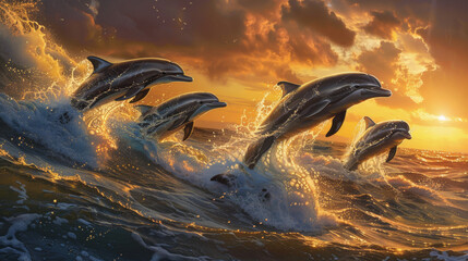 Fototapeta premium Exciting view of dolphins jumping out of ocean waves against a dramatic sunset sky, conveying a sense of joy and freedom