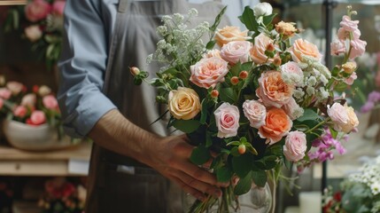 Close up of Male florist creating beautiful bouquet in flower shop. - Powered by Adobe