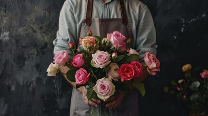 Close up of Male florist creating beautiful bouquet in flower shop.