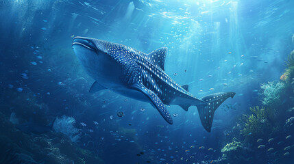 Fototapeta premium Striking image of a whale shark in the deep blue ocean with light filtering through the water above
