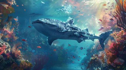 A whale shark moves through a fantastical underwater setting filled with colorful marine life and light