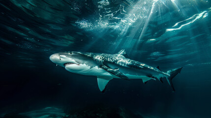 Fototapeta premium A dynamic image of a great white shark captured swimming underwater with light from the surface