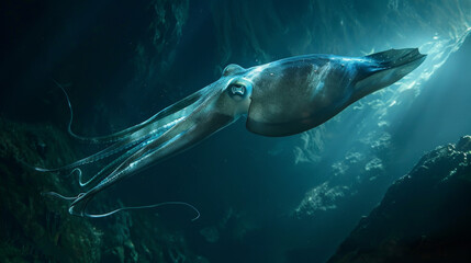 Obraz premium The sleek form of a squid is captured as it cruises through the cool, sunlit ocean depths surrounded by tiny bubbles