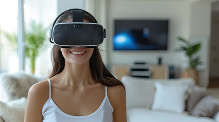 Naklejka premium Happy joyful woman wearing VR glasses to play games, watch video on comfy white living room with copy space backgrounds