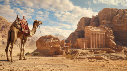 A solitary camel stands before ancient monumental ruins under a vast desert sky, invoking a historical feel